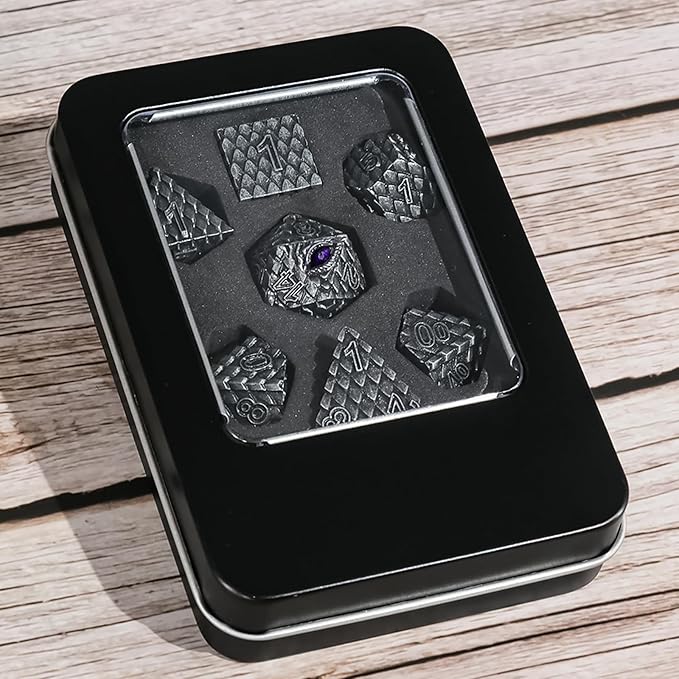 Metal Dice Set D&D,7 PCS Dragon Scale Metallic DND Dice Set,Dragon Eye Metal Dice with Grogeous Gift Case for Dungeons and Dragon Tabletop Game (Old Grey Dragon Scale & Purple Eye)