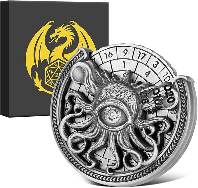 Spinner DND Dice Set, 7-in-1 Metallic D&D Dice, One-Eyed Octopus Roulette Dice Spinner for DND Dice Set, D&D Gifts with Gift Box, Role Playing Game Board Game Accessories, Dark Silver