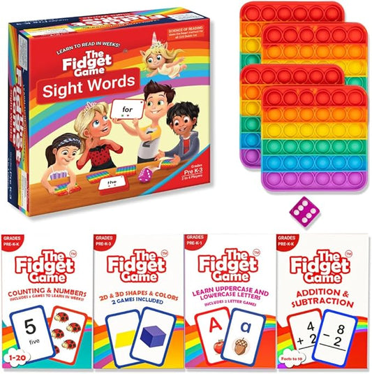 THE FIDGET GAME Kindergarten Learning Bundle - Flashcards and Pop Fidget Toys for Kids Pre-K to Grade 3 - Learning Activities and Games for High-Frequency Dolch Sight Words - Includes Mats and Dice