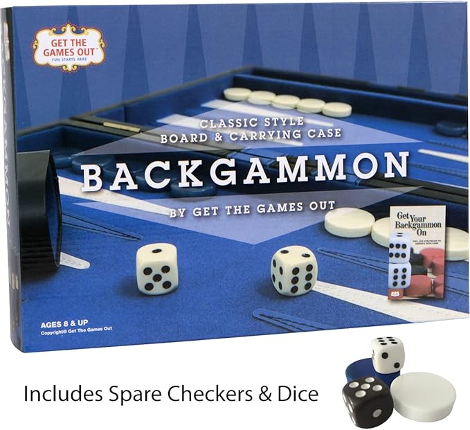 Get The Games Out Top Backgammon Set - Classic Board Game Case - Best Strategy & Tip Guide - Available in Small, Medium and Large Sizes (Blue, Large)