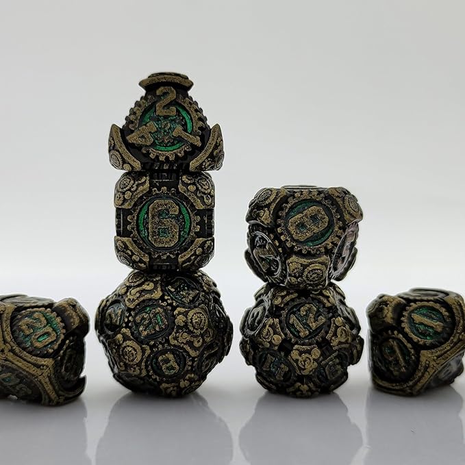 Geakeeper Construct D&D Dice, Metal DND Dice Set, 7Pcs Polyhedral Dragon Metallic D&D Dice with Gift Case for Dungeons and Dragon Game, RPG Role Playing Table Game Gifts (Rolling Green)