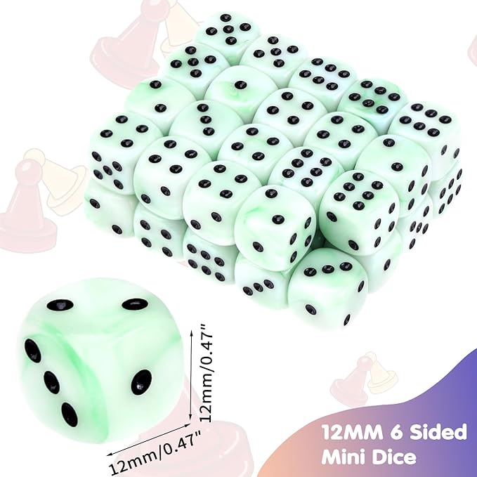 36 Pieces 12mm 6 Sided Mini Dice Set,Mixed Colours Swirls D6 Game Dice Set,6 Sided Standard Game Dice for Board Games Dice Games Classroom Teaching Dices Game,with Portable Gaming Box(Green & White)