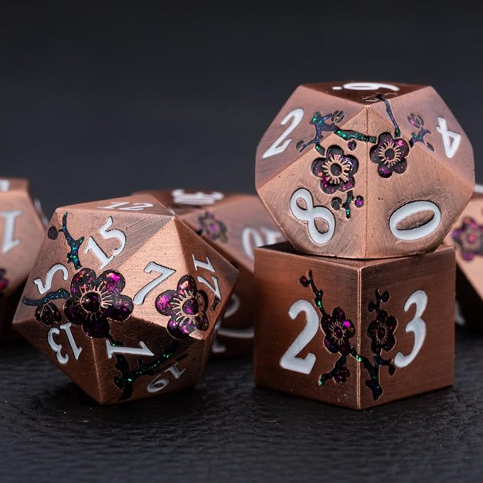 Glitter Purple DND Metal Dice, Flower Metal DND Dice Set with Gift Case for Dungeons and Dragon,7PCS Solid Metal Dice Tabletop Game (Antique Red Copper-Red)