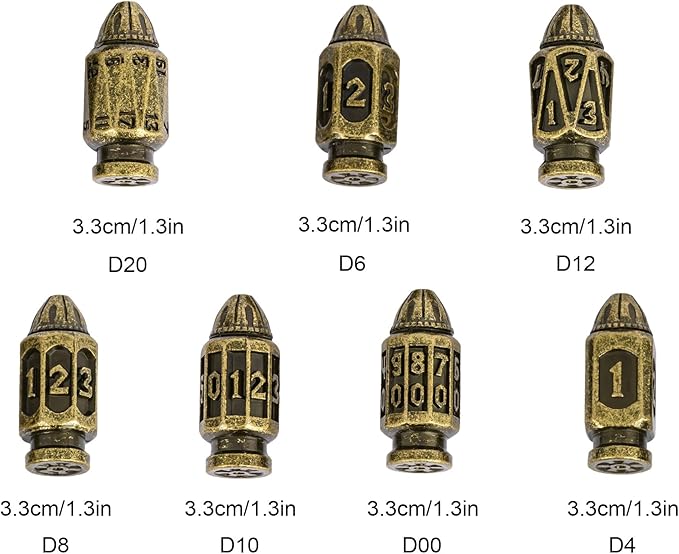 UDIXI Metal DND Bullet Dice Set, 7-Die Solid Polyhedral Metal Dice Set D&D with Magazine Container for Role Playing Game or Other Tabletop Games(Bronze)
