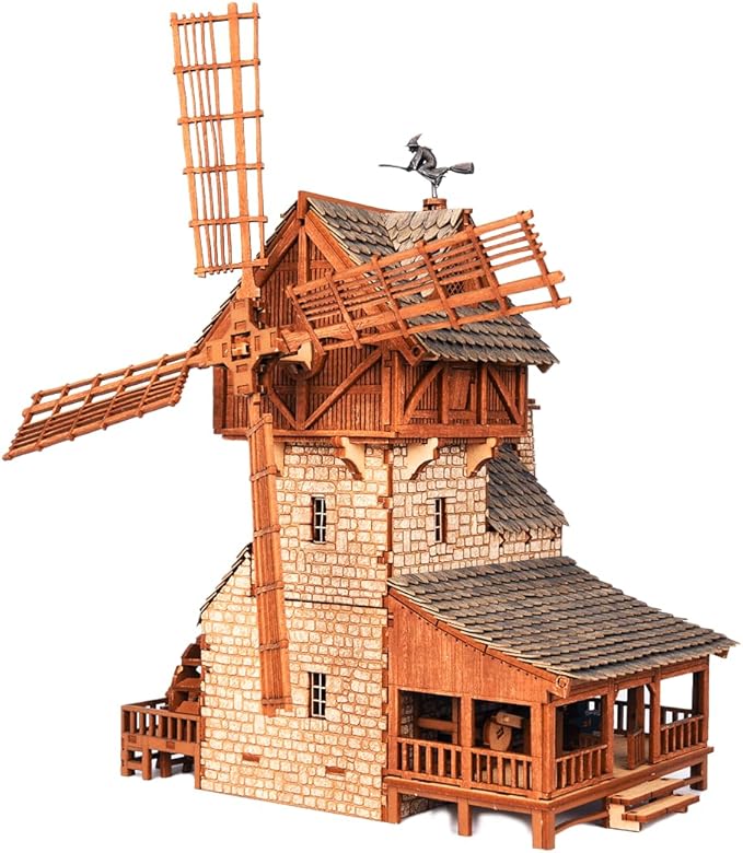 I BUILT IT Wooden Mill - Hybrid Medieval Windmill, Watermill, Blacksmith Workshop - Building Kit for Teens and Adults, Suitable for Playing with Family - Weathered