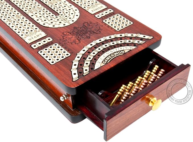 Continuous Cribbage Board Bloodwood/Maple and Side Pull Drawers - 4 Tracks with Place to Mark Won Games - House of Cribbage