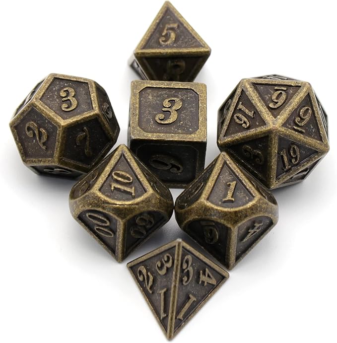 Metal Dice Set, HNCCESG Polyhedral D&D Dice for Dungeons and Dragons RPG DND Dice for Role Playing MTG Tabletop Gaming Shadowrun Pathfinder 7PCS D20 D12 D10 D8 D6 D4(Antique Bronze)