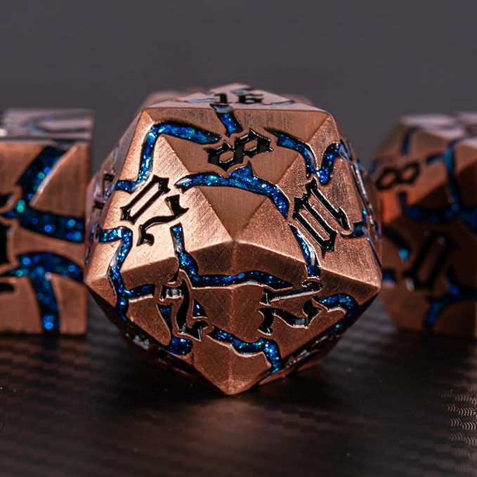 Dice Set D&D Dungeons and Dragons Dice D20 Metal DND Dice Set with Box, Polyhedral Role Playing Dice D12 D10 D% D8 D6 D4 for MTG RPG Board Games(Antique Copper Bright Blue)