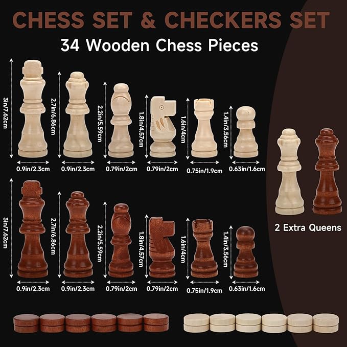 15" Wooden Chess Set | Folding Board, 2 Extra Queens | Magnetic Chess Board Set for Adults & Kids, Pieces Storage Slots Checkers Game for Kids Portable Travel Chess Game for Beginner