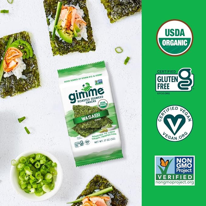 Gimme Seaweed Organic Premium Roasted Seaweed Snacks, Wasabi, 20 Count, Keto, Vegan, Gluten-Free, Great Source of Omega3s and Iodine, Healthy On-The-Go Snack for Kids and Adults