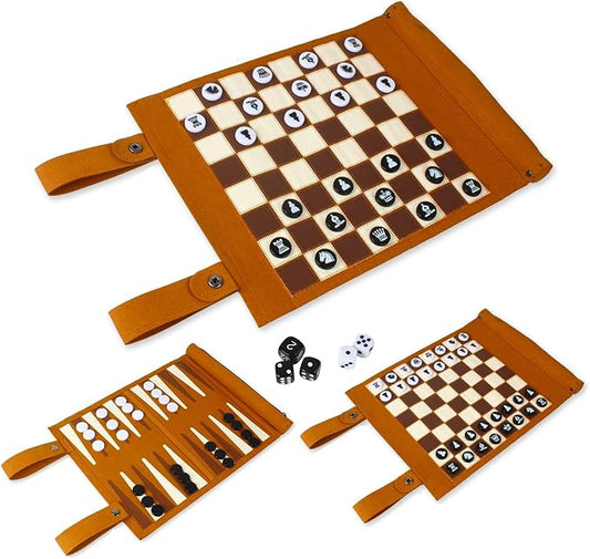 Andux Rollable Backgammon Board Game Microfiber Portable Chess Set PGSLQ-01 (3-in-1 Chess - Brown)