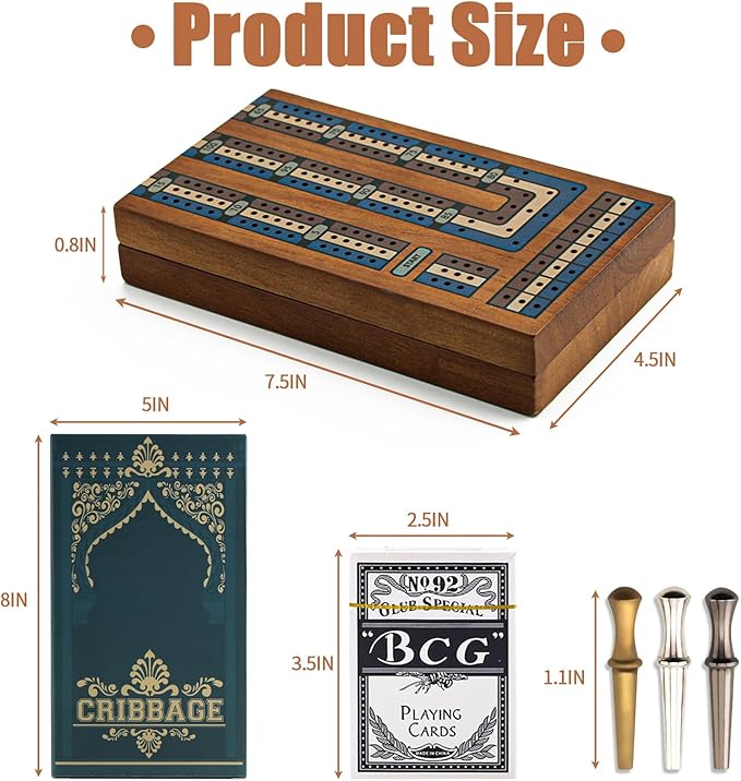 Wooden Cribbage Board Game Set, Travel Cribbage Board with Storage and Collapsible, with Magnetic Lock / 9 Metal Pegs/Full Deck of Cards, Family Board Games for Kids and Adults