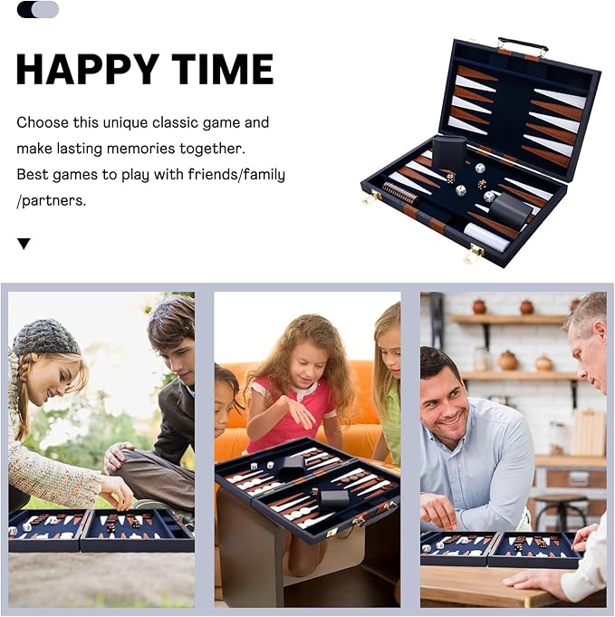 Backgammon Set - Classic Board Game with Premium Leather Case - Portable Travel Strategy Backgammon Game Set for Adults, Kids - Suitable as (15inch, Navy)