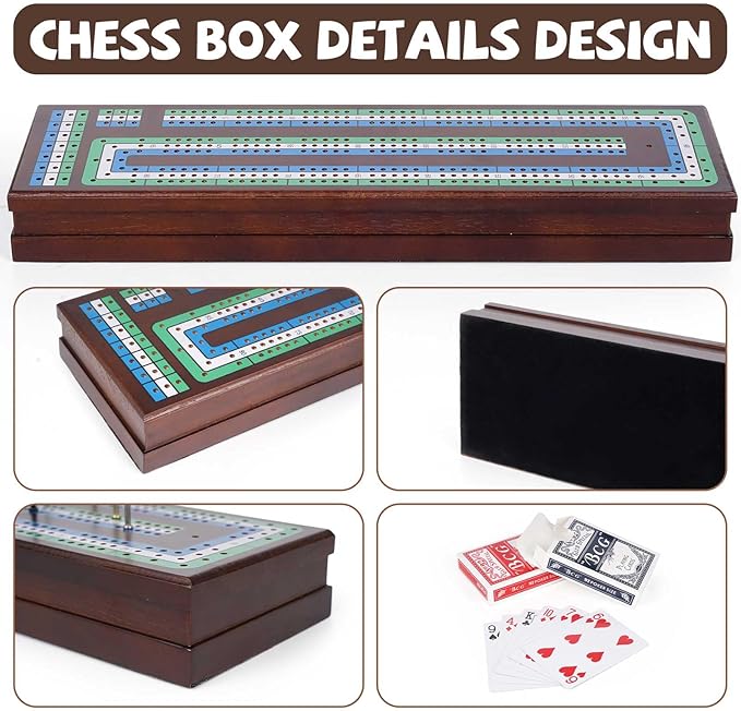 Wooden Cribbage Board Game Set, Premium Wooden Board with Magnetic Lock and Metal Pegs, Strategy Card Game Cribbage - Travel Portable Cribbage Game Sets for Family