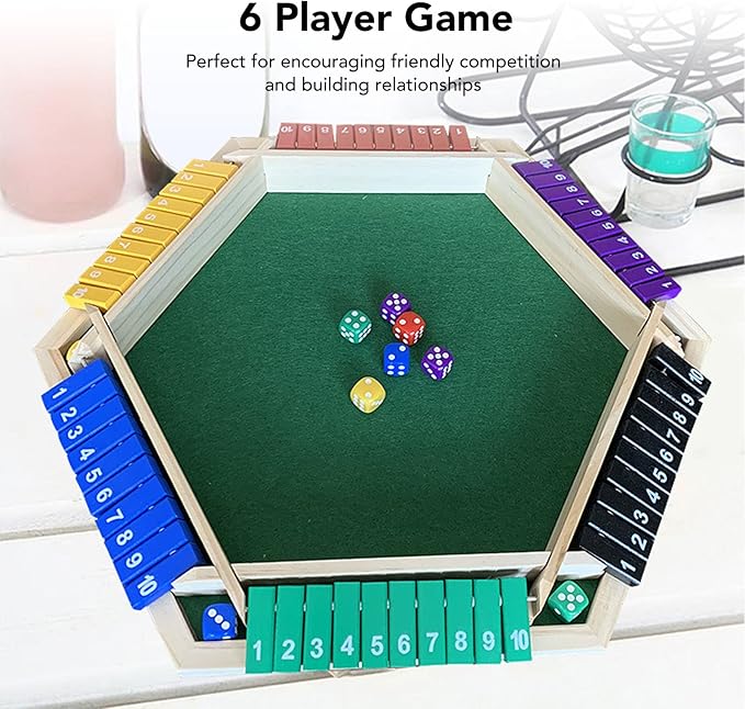 Wooden Shut The Box Dice Game for 6 Players - Multiplayer Tabletop Game with 12 Dice