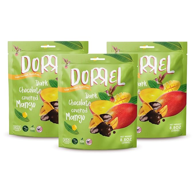 DORREL - Belgian Dark Chocolate Covered Mango Slices, High Energy Vegan Choco Snack, Delicious, Kosher & Non-GMO, Pack of 3 Dark Chocolate Fruit Bites, 8.8 oz / 250 g Ea