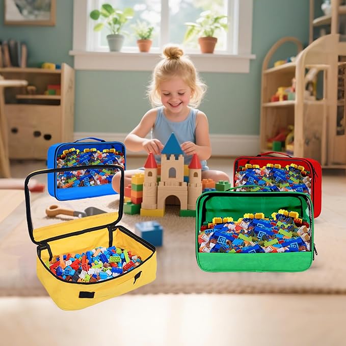 4 PCS Toy Storage Bags, Clear Toy Organizer Bags, Toy Bag with Visible Top& Handle, Portable Travel Case for Building Blocks, Toys, Puzzles, Dolls,Crafts, Magnetic Tiles