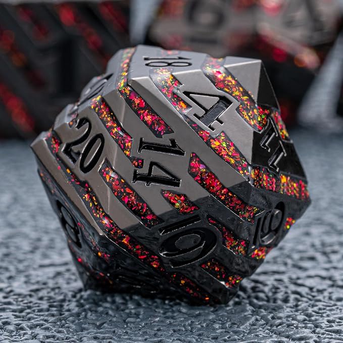 Metal Dice Set DND,Metallic Glitter Stripes D&D Dice Set,7 PCS Polyhedral Dice Set with Gift Case for Dungeons and Dragons Tabletop Game(Black Nickel Red)