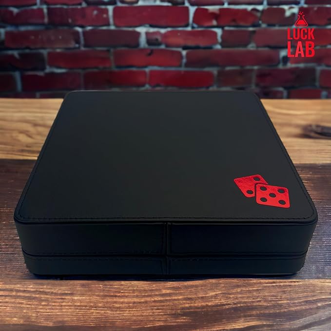 Luck Lab Farkle Dice Tray and Storage Case - Includes Embedded Scoring Combinations, 2 Sets of 6 Pearl Dice, 40 Sheet Score Pad and Pen Holder for The Classic Family Game (Red)