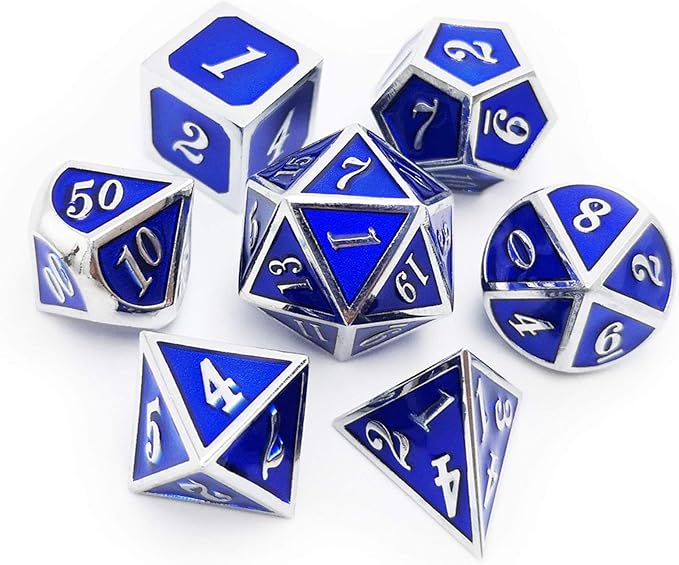 Haxtec Metal Dice Set D&D Silver Navy Blue Metal Polyhedral DND Dice for Dungeons and Dragons-Glossy Enamel Dice (Silver Navy Blue)