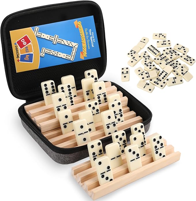 Double 6 Dominos Set for Adults with 4 Wooden Racks & 28 Tiles Travel Dominoes Set Board Game for Family Game Night