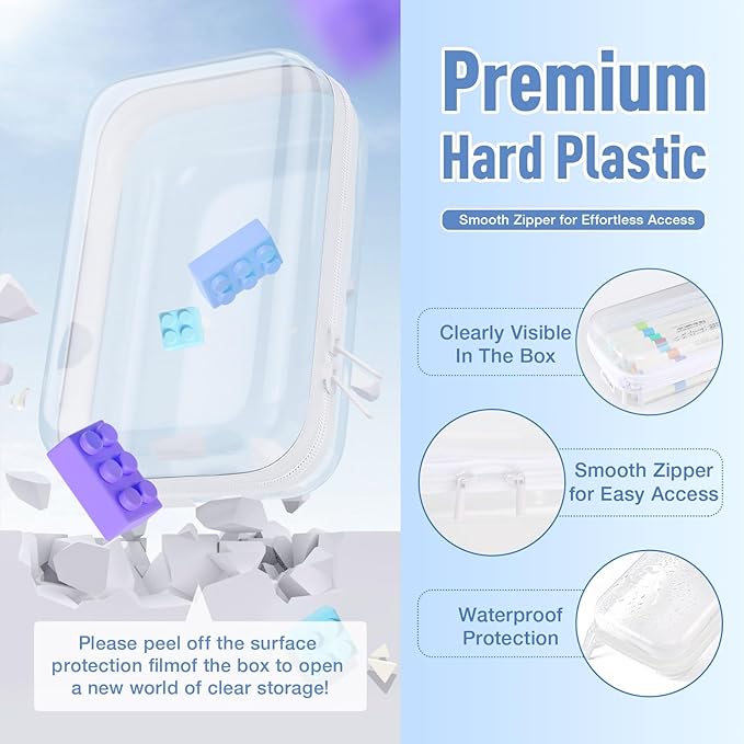 2 Pack Clear Hard Shell Zipper Case, BIiss Plastic Bins for Organizing, Clear Zipper Pouches Makeup Case & Lidded Storage Bins for Cosmetics, Puzzles, 7 x 4.3 x 2.4 Inch (White)