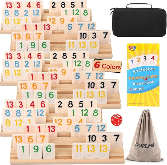 Premium Rummy Cube Game Set 6 Colors with 6 Wooden Racks & 160 Rummy Tiles | Travel & Family Board Game for Adults and Kids