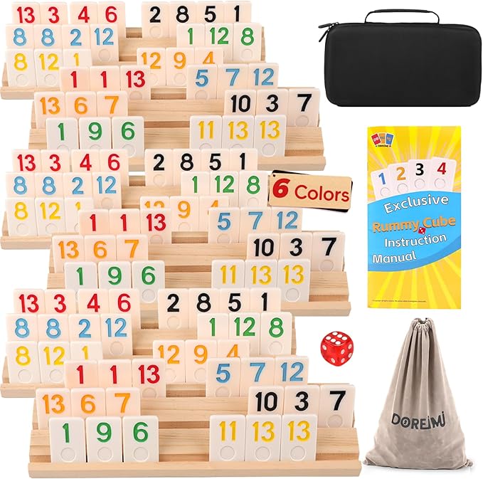Premium Rummy Cube Game Set 6 Colors with 6 Wooden Racks & 160 Rummy Tiles | Travel & Family Board Game for Adults and Kids