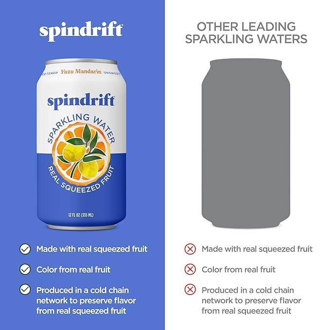 Spindrift Sparkling Water, Yuzu Mandarin Flavored, Made with Real Squeezed Fruit, 12 Fl OZ Cans, Pack of 24 (Only 6 Calories per Can)