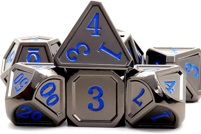 Haxtec Black Metal DND Dice Set D&D W/Gift Metal Case Polyhedral Dice for Dungeons and Dragons TTRPG-Black Blue Numbers