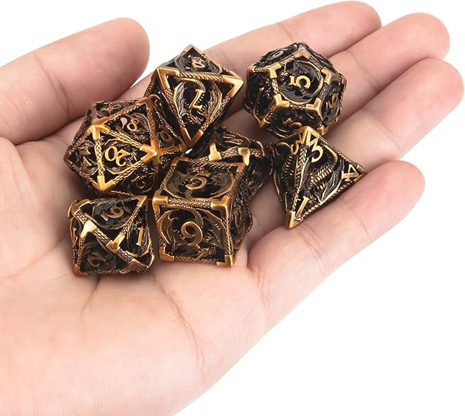 DND Dice,Hollow D&D Metal Dice,Dungeons and Dragons Dice Set with Gift Box,7 PCs Steampunk Polyhedral Dice Games Set for RPG,MTG,Pathfinder,(Dragon Ancient Golden)