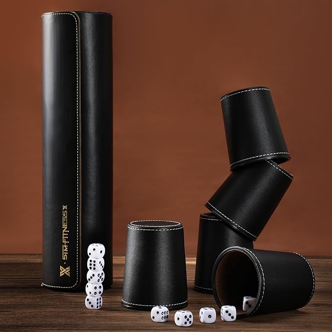 Leather Dice Cup Set, 5 Black Leather Dice Cups + 25 Dice + Exclusive Storage and Transport Case Made of Faux Leather