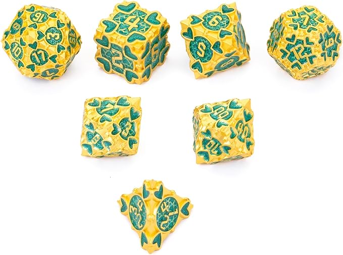 DND Metal Dice 7pcs D&D Dice Set with Beautiful Gift Box Suitable for Dungeons and Dragons MTR PRG Tabletop Games (Gold-Green)