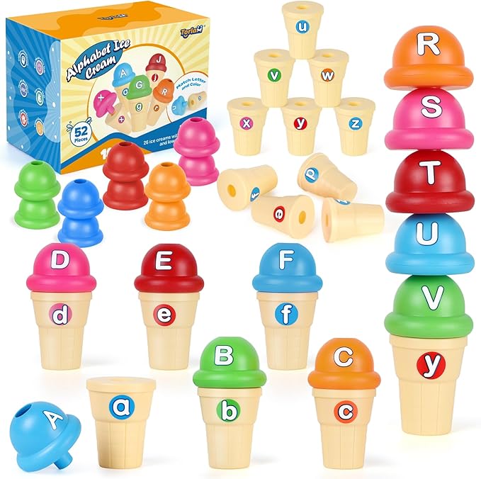 Torlam Alphabet Learning Ice Cream Toy Play Set, Toddler to Little Kid, Letter Matching Toy, 26 Letters Games, 52 Pieces