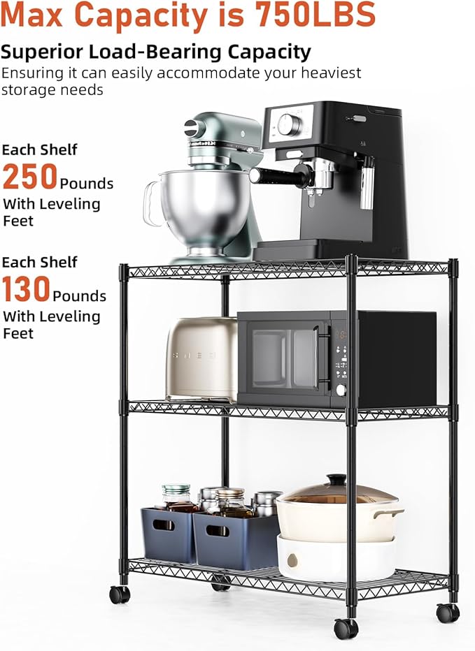 YSSOA 3-Tier Storage Shelves, 24.02" W x 13.78" D x 29.92" H Shelving Unit, 750 Lbs Loading Capacity, Black