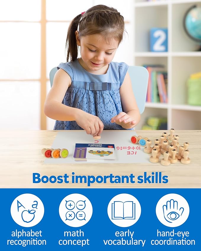 Coogam Wooden Alphabet Number Stamp Flashcard, ABC Spelling Letter Stampers and Mathematics Learning Number Stampers Arts and Crafts Supplies, Montessori Educational Toy Gifts for 3 4 5 Year Old