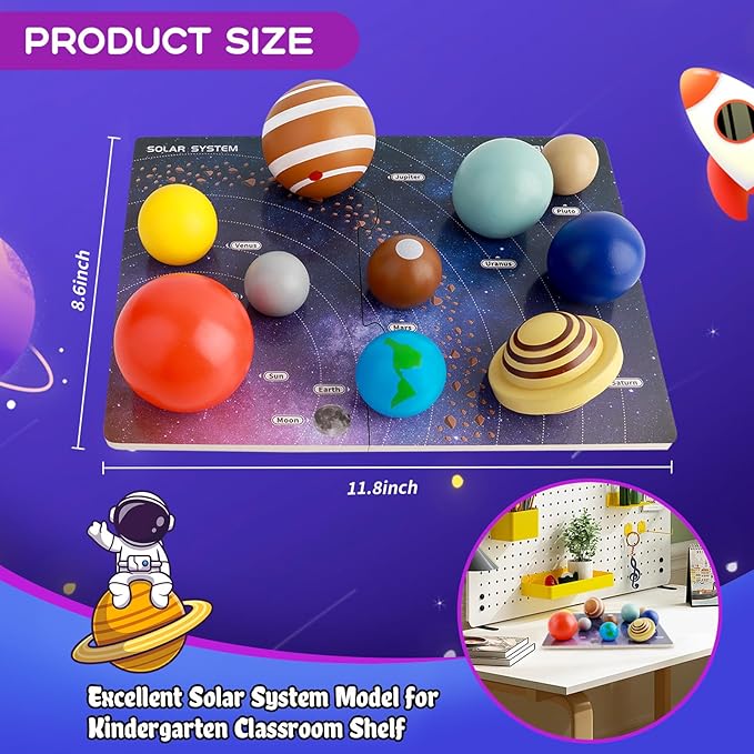 Solar System Wooden Puzzle Toy Model for Kid 3-5, Toddler Montessori Movable Planet Name Board Game, Outer Space Themed Imaginary Sensory Play Gift, Preschool Science Stem Learning Activity