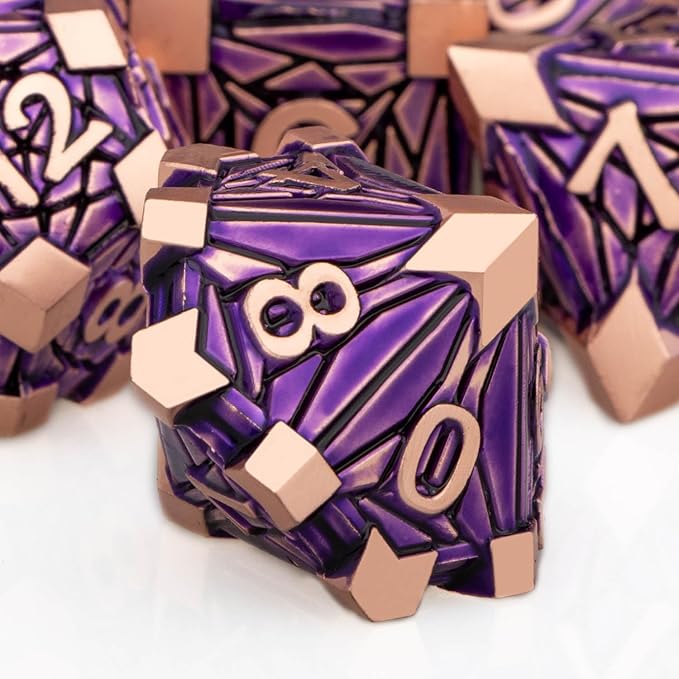 7PCS Metal DND Dice Set with Box, Debris RPG Purple D and D Dice for use with D&D Tabletop Games Role Playing Game Polyhedral Dice Set D20 D12 D10 D8 D6 D4