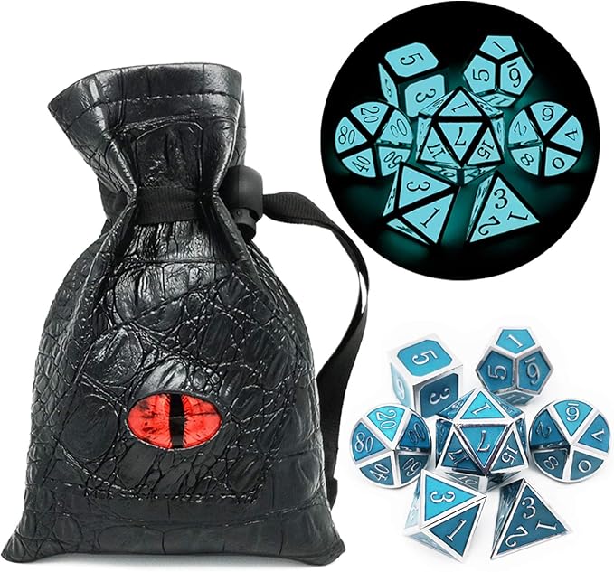 Haxtec Glow in The Dark Metal Dice Set D&D Glowing Blue Silver W/Dragon Dice Bag 7 Die D&D Dice Set for Dungeons and Dragons RPG