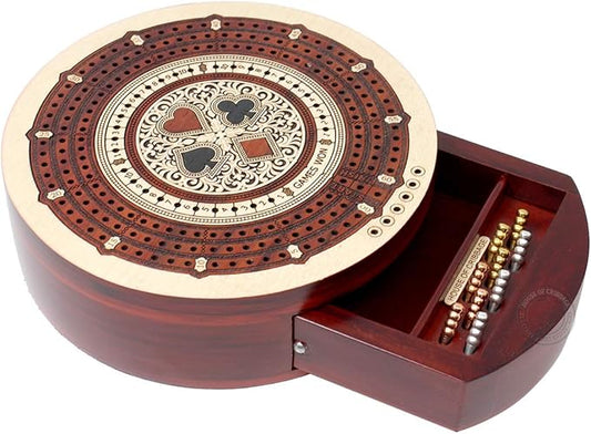 Round Shape 3 Track Non-Continuous Cribbage Board - Push Drawer Storage for Pegs and 1 Deck of Cards with Score Marking Fields for Won Games (Maple Wood/Bloodwood)