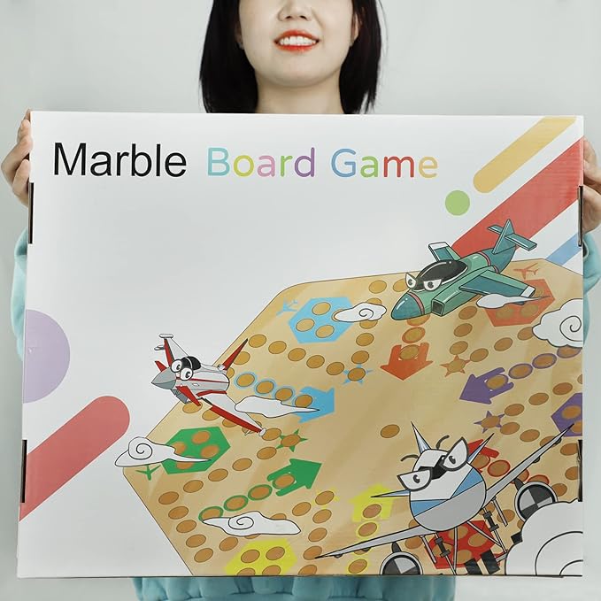Large Size Original Marble Game Solid Wood 20 inch Wahoo Board Game Double Sided Painted Wooden Fast Track for 6 and 4 Players 6 Colors 24 Marbles 6 Dice for Family Friend