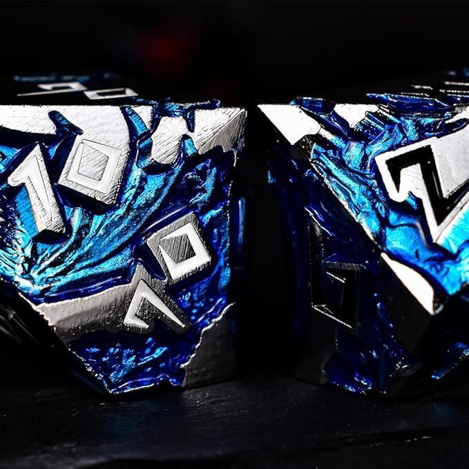 Rule Dice - D&D Dice Set, Metal Dice Sets, Dungeons and Dragons Dice Set with Gift Box, D20 D4 D12 D10 D% D8 D6, Blue Dragon Style Gaming DND Dice for MTG RPG TTPRG (Silver Black)
