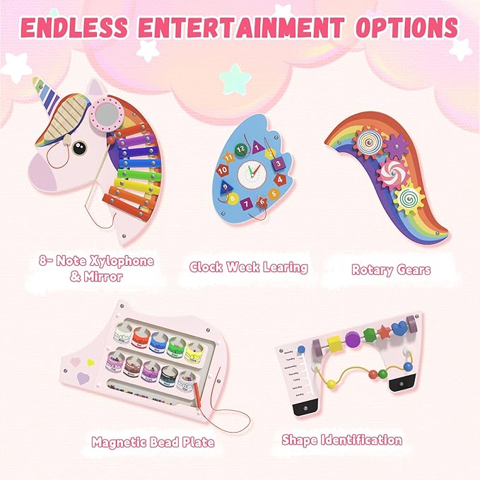 Unicorn Sensory Wall Panel for Kids - Activity Wall Busy Board Panels, Montessori Toddler Wall Activity Board, Wall Toys for Toddlers 3, Activity Cube, Perfect for Toddler Playroom, Pink