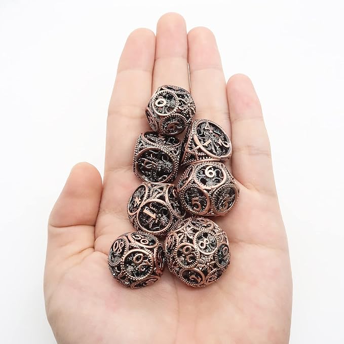 DND Dice,Hollow D&D Metal Dice,Unique Round Ball Design Octopus Dice with Gift Box for Dungeons & Dragon Gaming,7 PCs Steampunk Polyhedral D and D Dic(Ball Octopus red Copper)