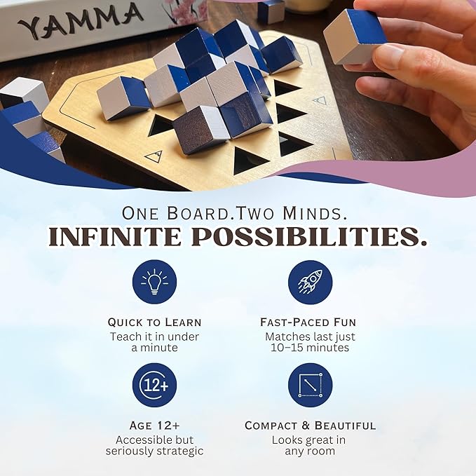 yamma 4-in-a-Row Game with Wooden Spinning Board, 3D Visual Strategy Experience for Ages 12+, a Quick and Clever Challenge Ideal for Families, Teens, and Casual Players