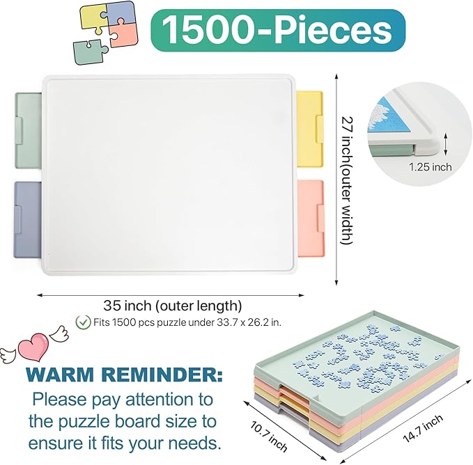 1500 Pieces Rotating Plastic Puzzle Board with Drawers and Cover, 35"x27" Portable Spinning Jigsaw Puzzle Table for Adults, Upgraded Lazy Susan, Ideal Gift for Mum