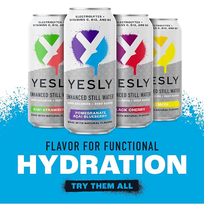Yesly Functional Water, Pomegranate Acai Blueberry, Naturally Flavored Still Water with Electrolytes, Magnesium, Potassium, Vitamin C, B6 & B12, Zero Sugar, No Artificial Sweeteners, 16 Fl Oz Cans, 12 Pack