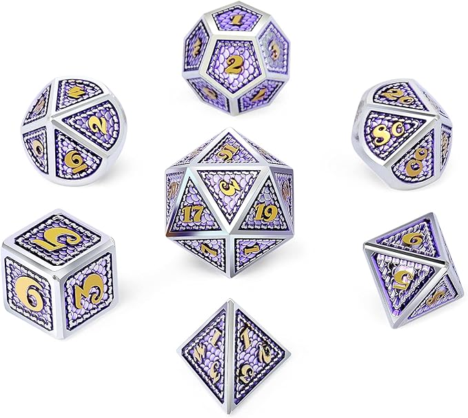 DNDND Metal DND Game Dice, 7 Die Dragon Scale Metallic D&D Dice with Velvet Pouch for Gungeons and Dragons (Lilac with Silver Edge)