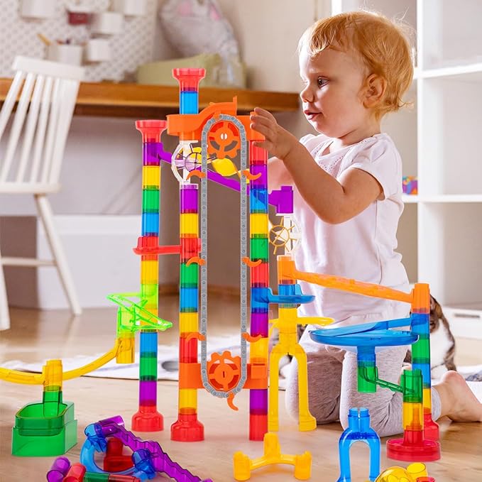 247Pcs Marble Run with Motorized Elevator, Construction Building Blocks Toys with 30 Glass Marbles and 30 Glow in The Dark Marbles, STEM Gifts for Boys and Girls