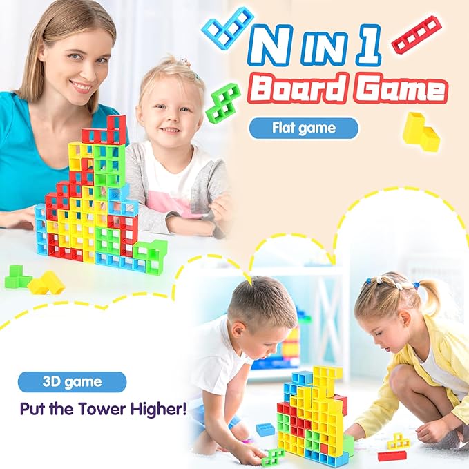 96PCS Stack Game for Adult & Kids, Tetra Board Tower Games for Family Travel Party, 4 Players Balance Stacking Toy, Team Toys Building Block